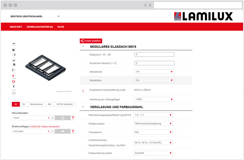 Produktkonfigurator til Modular Glass Skylight MS78 Illustration